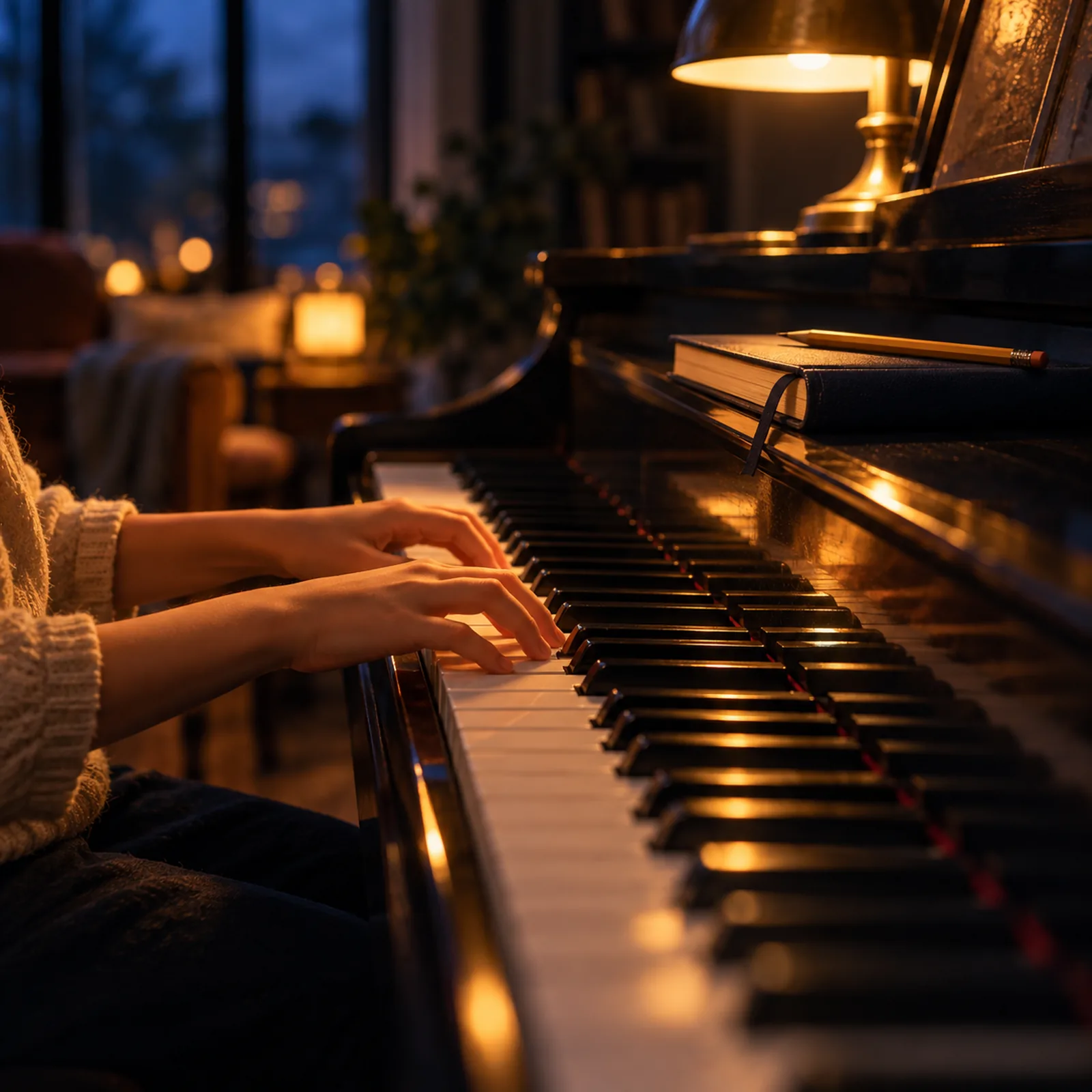Hands on piano keys in a warm lamplit room at dusk, a notebook and pencil resting on the piano's edge.