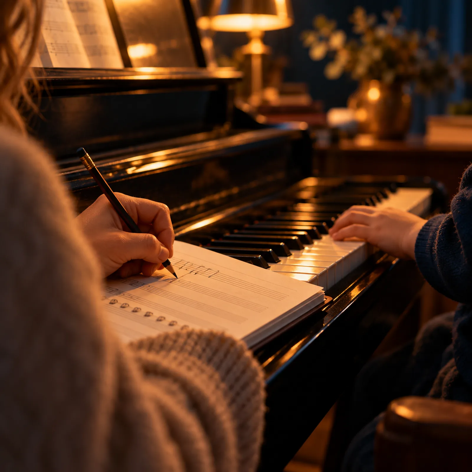 A teacher writing in a notebook at the piano while a student plays, both seen only from the hands and shoulders.