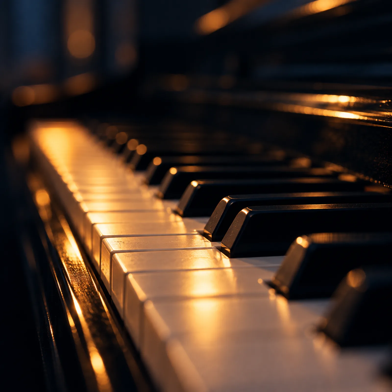 Piano keys at a shallow angle, most of the frame in deep midnight blue with one band of warm light across the white keys.