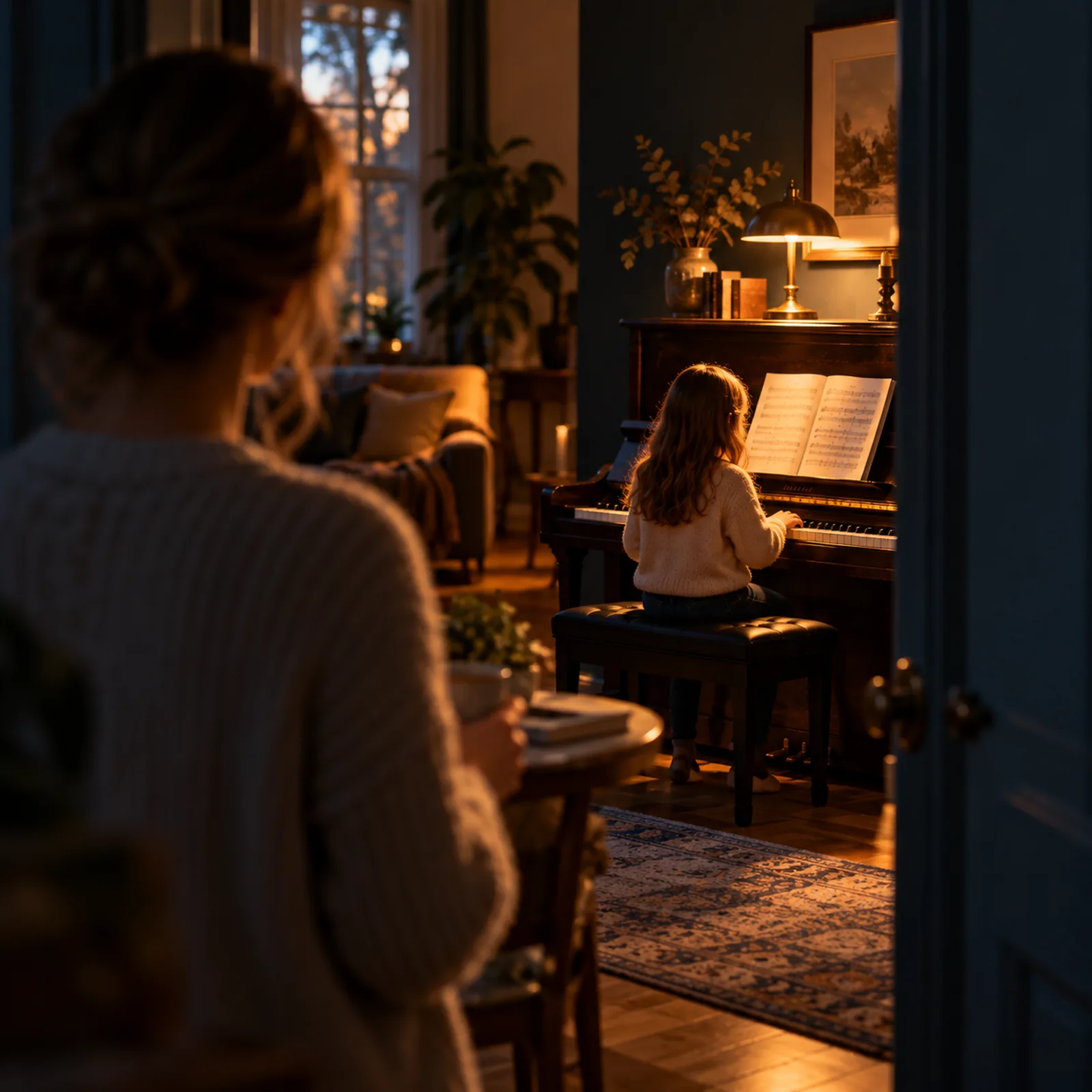 A parent watching from a doorway while a child, seen from behind, practises at an upright piano in a lamplit room.