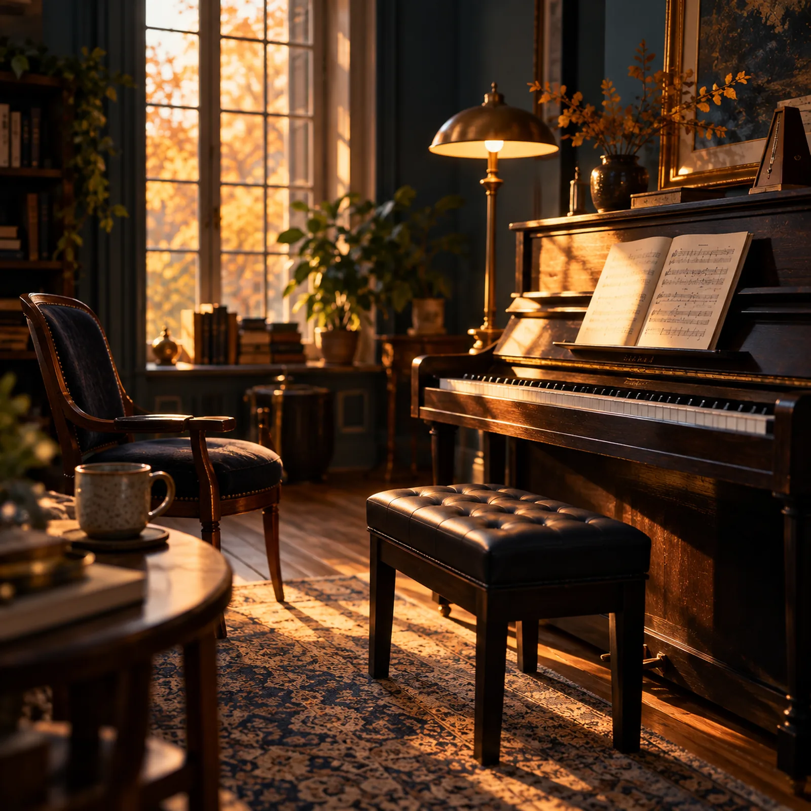 An independent piano teacher's studio in late afternoon light: an upright piano, a second chair, sheet music open on the stand.