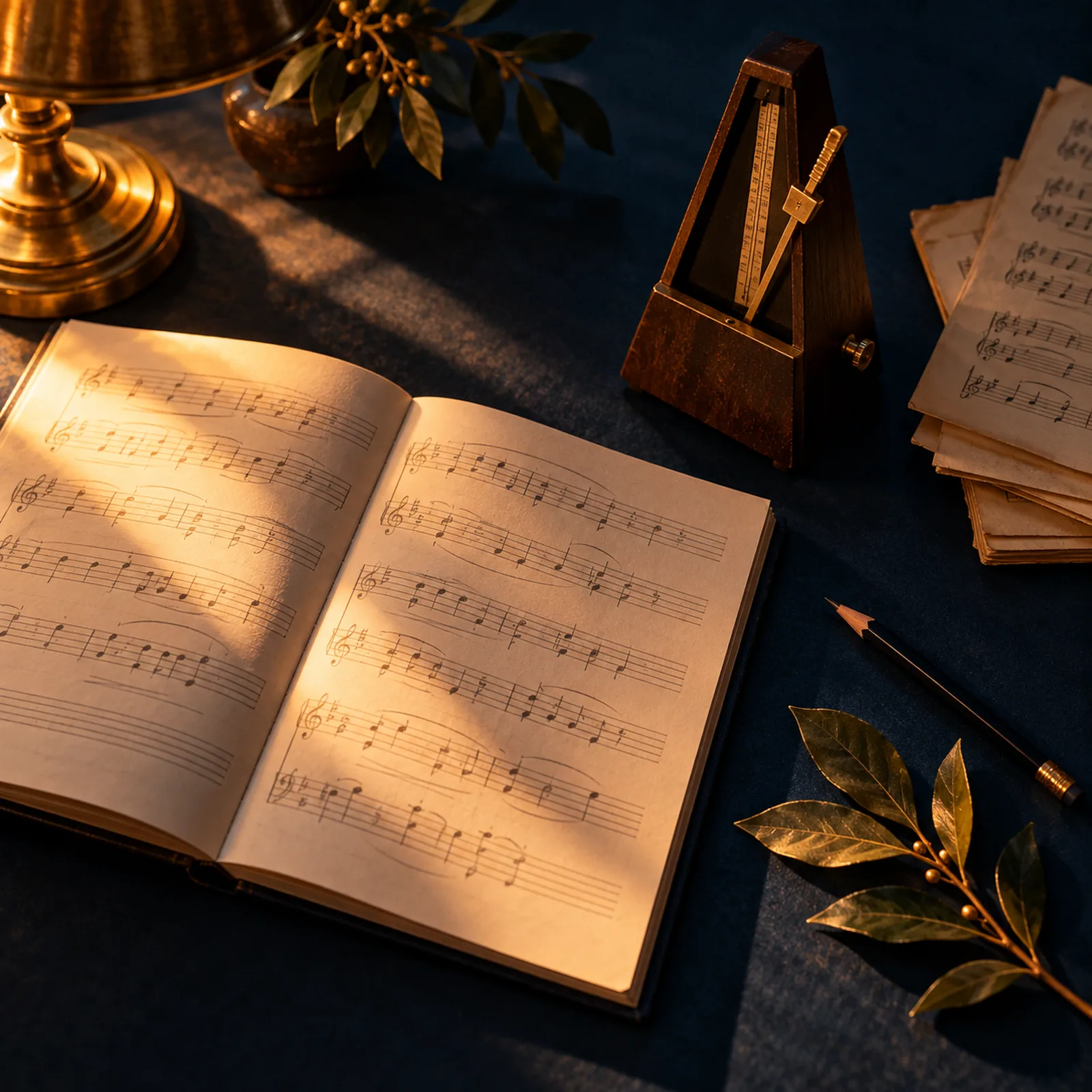 An open book of sheet music on a dark desk beside a metronome, a pencil and a sprig of gold laurel.