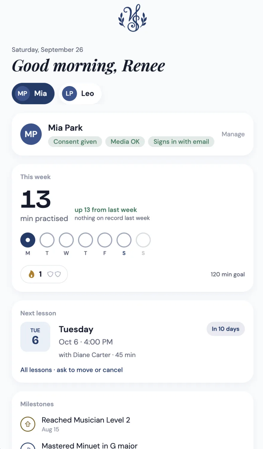 A parent's family screen: minutes practised this week, which days, the streak, and the next lesson with its date and time.
