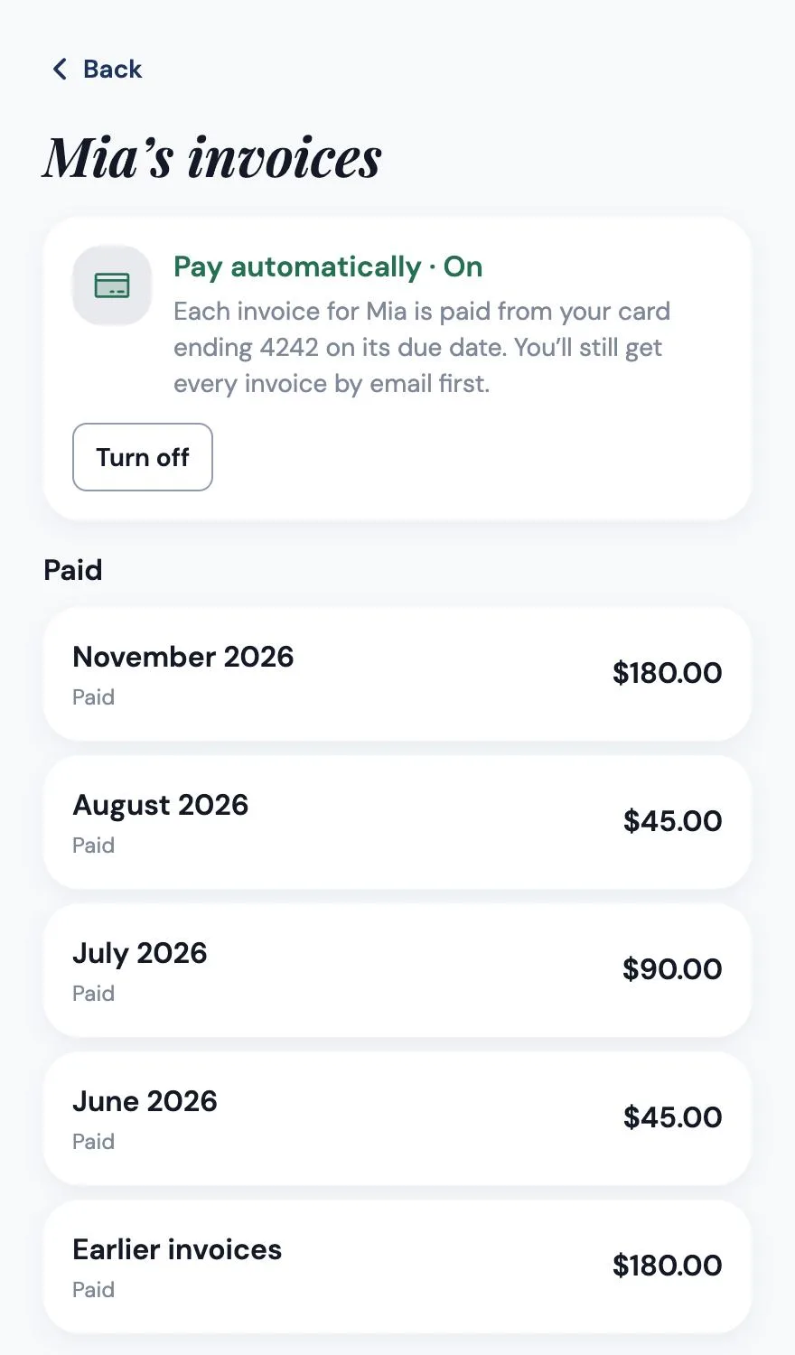 A parent's invoices screen: Pay automatically is on, paid from a card ending 4242 on each due date, above a list of paid invoices.