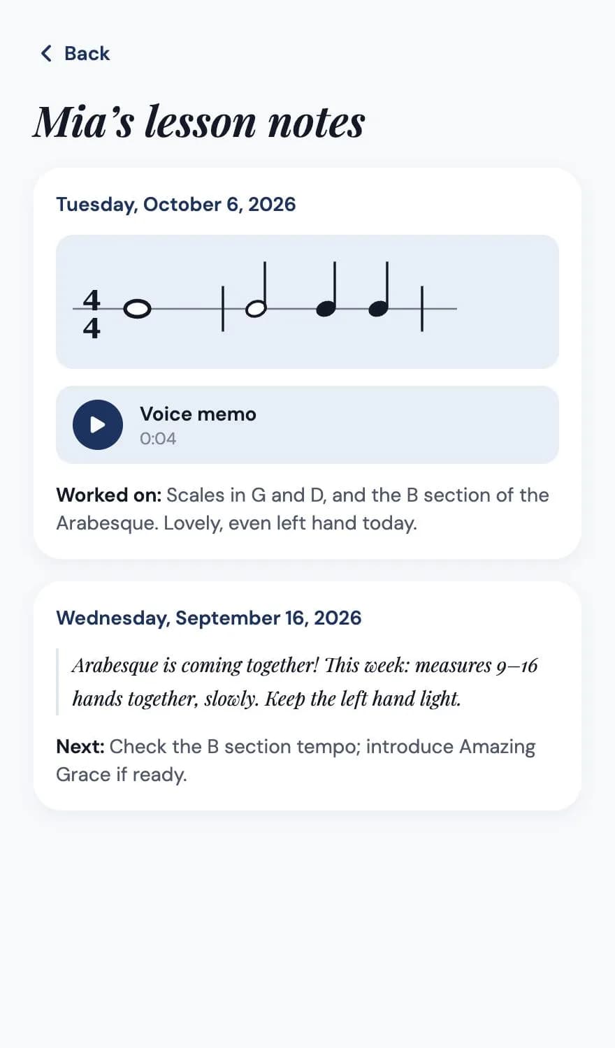 A parent's lesson notes screen: the latest note with a short rhythm written in notation and a voice memo to play, above an earlier written note.