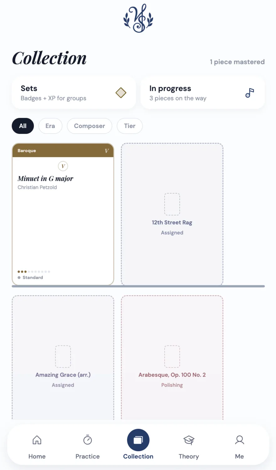 The collection screen: a mastered piece shown as a finished card, three more still in progress as faint outlines, with filters for era, composer and tier.
