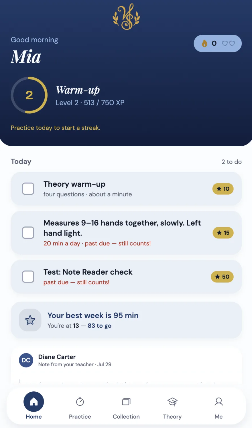 A student's home screen: their level and experience points on a deep navy panel, then today's list — a theory warm-up and two pieces to practise, each worth points.