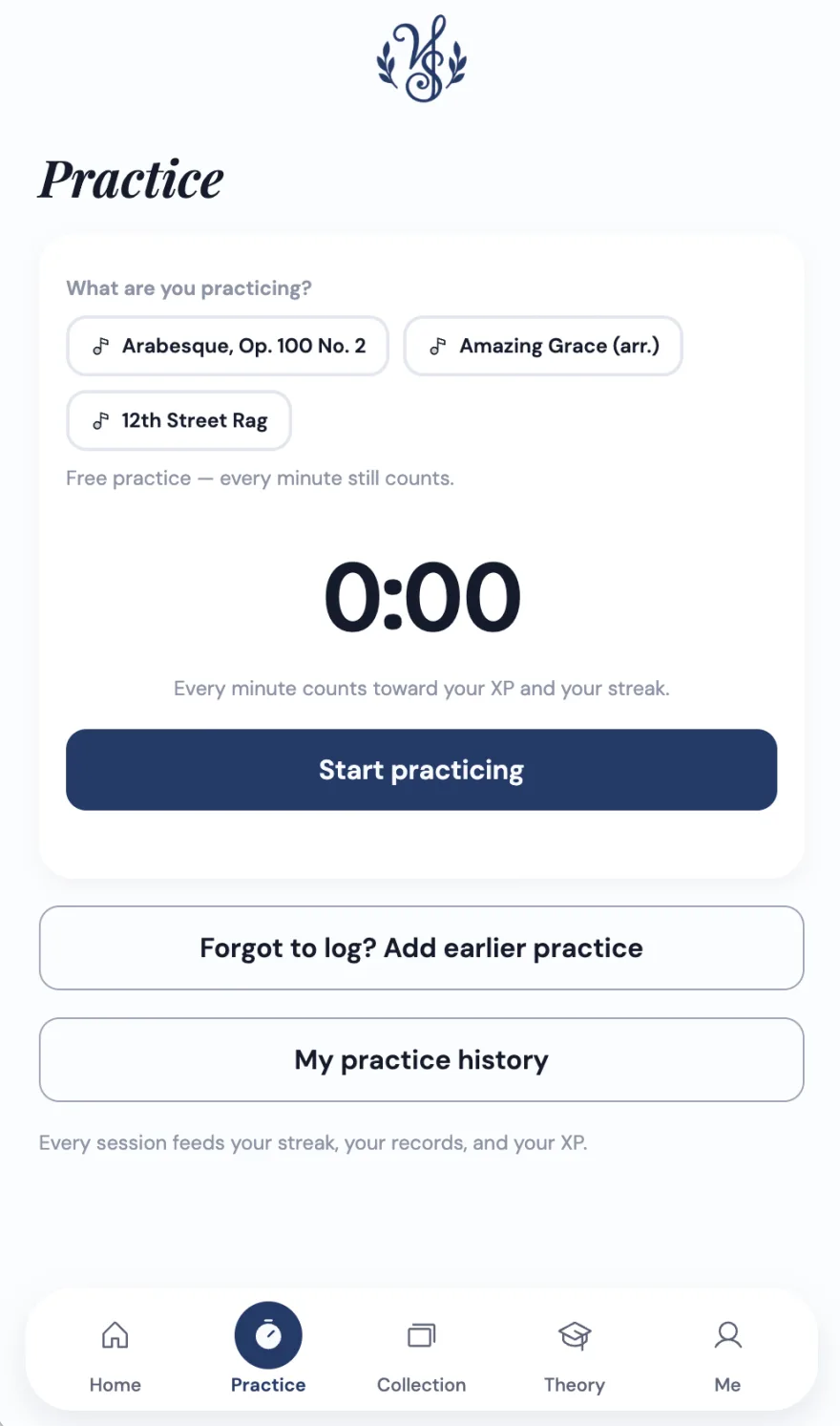 The student practice screen: the pieces they are working on as tappable chips, a large timer at zero, and a Start practising button.