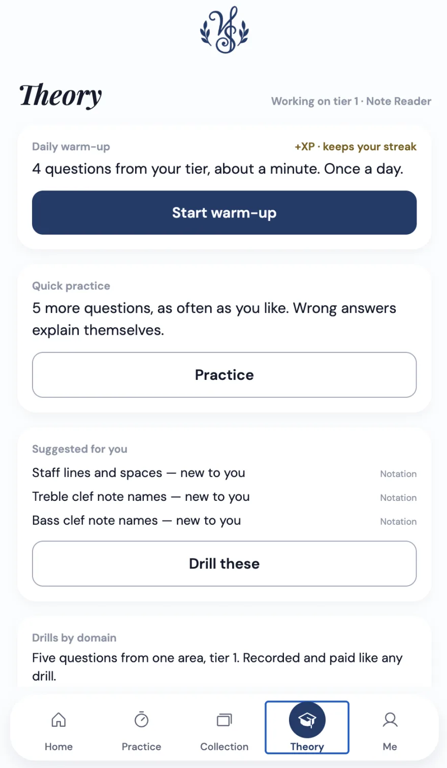 The theory screen: a daily warm-up of four questions, unlimited quick practice, and three suggested notation drills.