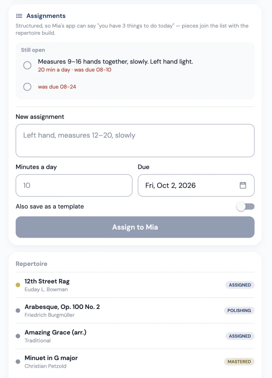 The teacher's assignment panel: what is still open with its due dates, then a form for a new assignment with minutes a day, a due date and an option to save it as a template.