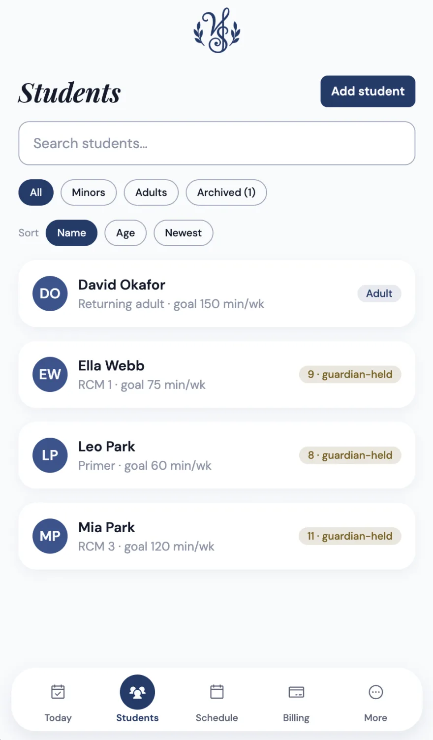 The teacher's roster on a phone: four students, each with their level and a weekly practice goal, above filters for minors, adults and archived.